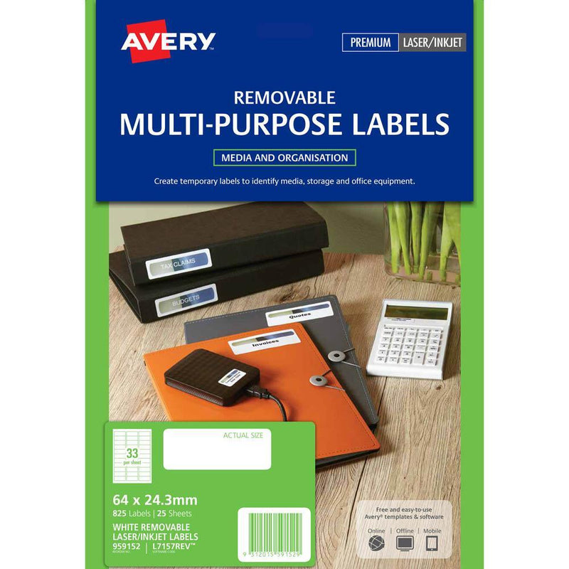 Avery 959152 L7157Rev Removeable Multi-Purpose Label 33Up White Pack 25 959152 - SuperOffice