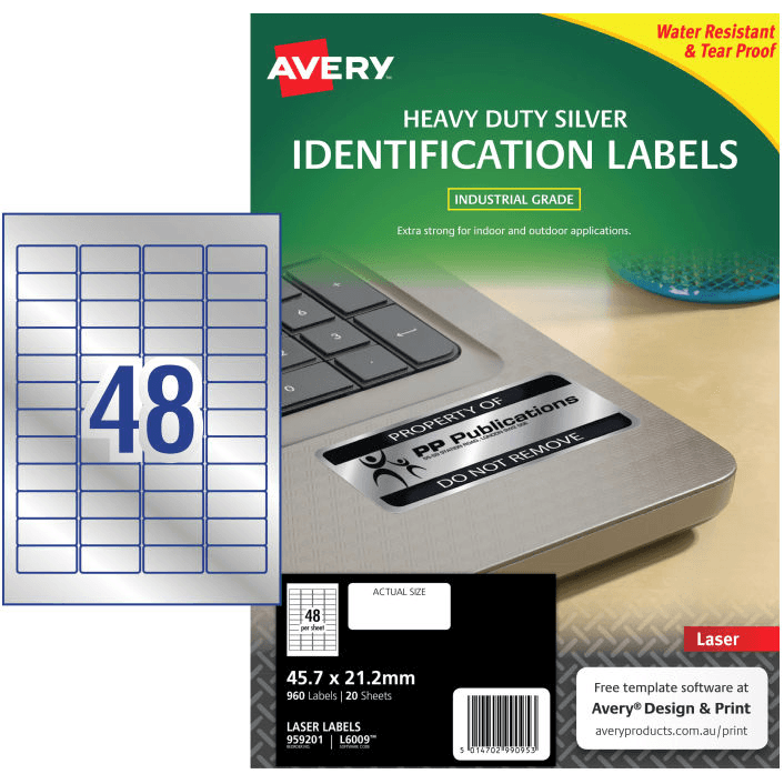 Avery 959201 L6009 Heavy Duty Laser Labels Silver 48/Sheet Pack 20 959201 - SuperOffice