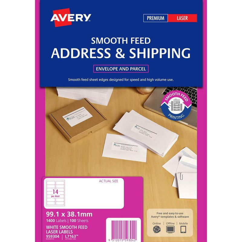 Avery 959304 L7163 Address Label Smooth Feed Laser 14Up White Pack 100 959304 - SuperOffice