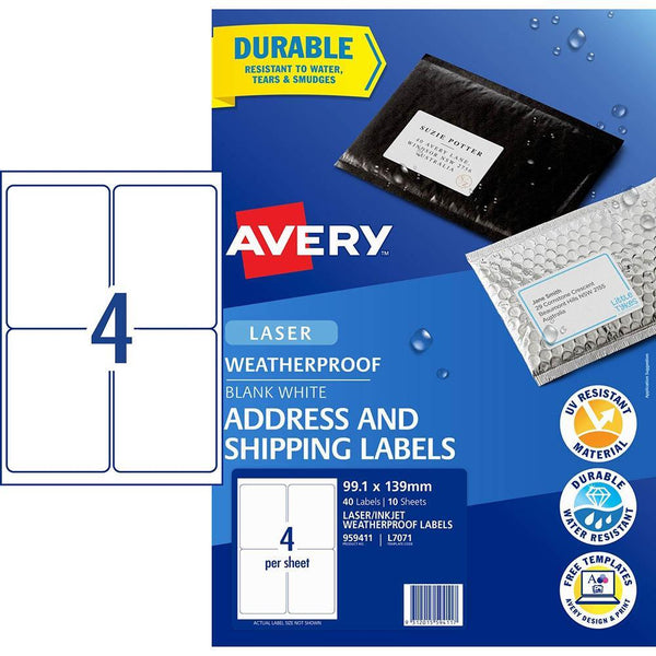 Avery 959411 L7071 Weatherproof Shipping Labels 4Up White Pack 10 959411 - SuperOffice