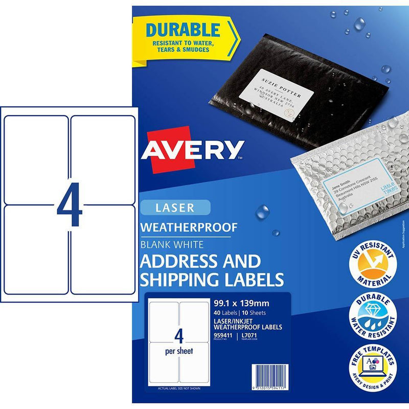 Avery 959411 L7071 Weatherproof Shipping Labels 4Up White Pack 10 959411 - SuperOffice