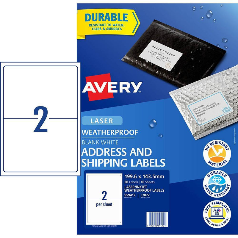 Avery 959412 L7072 Weatherproof Shipping Labels 2Up White Pack 10 959412 - SuperOffice