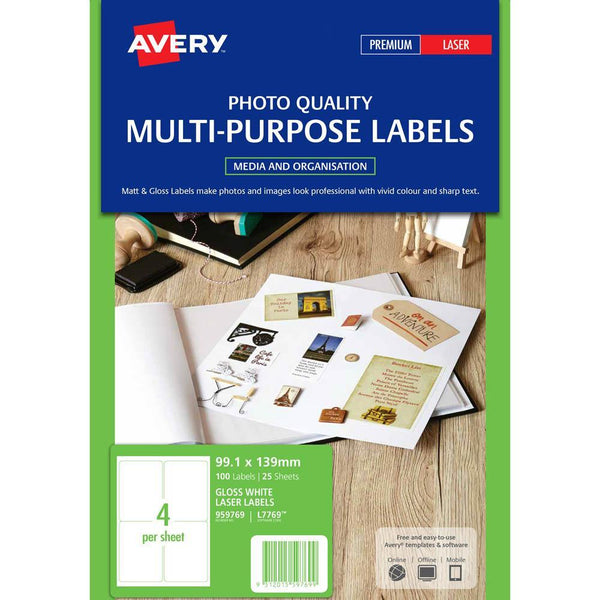Avery 959769 L7769 Photo Quality Multi-Purpose Label Laser 4Up Gloss White Pack 25 959769 - SuperOffice