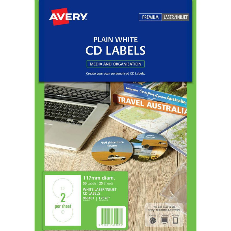 Avery 960101 L7676 Laser Labels Media Full Face Cd/Dvd 2Up Pack 25 960101 - SuperOffice