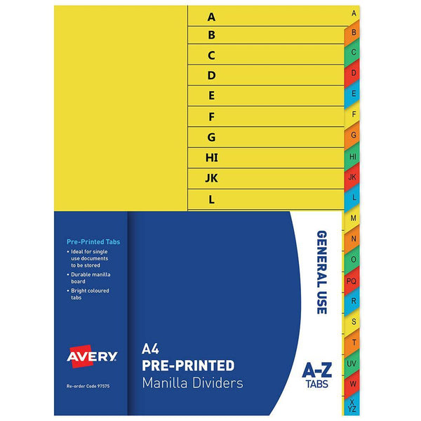Avery 97575 Divider Manilla A-Z Tabs A4 Bright Multi Coloured 97575 - SuperOffice