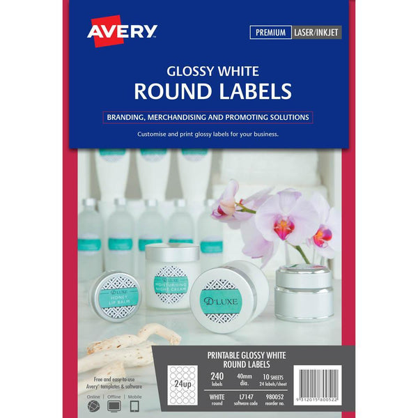 Avery 980052 L7147 Printable Round Labels 40mm Glossy White Pack 240 980052 - SuperOffice