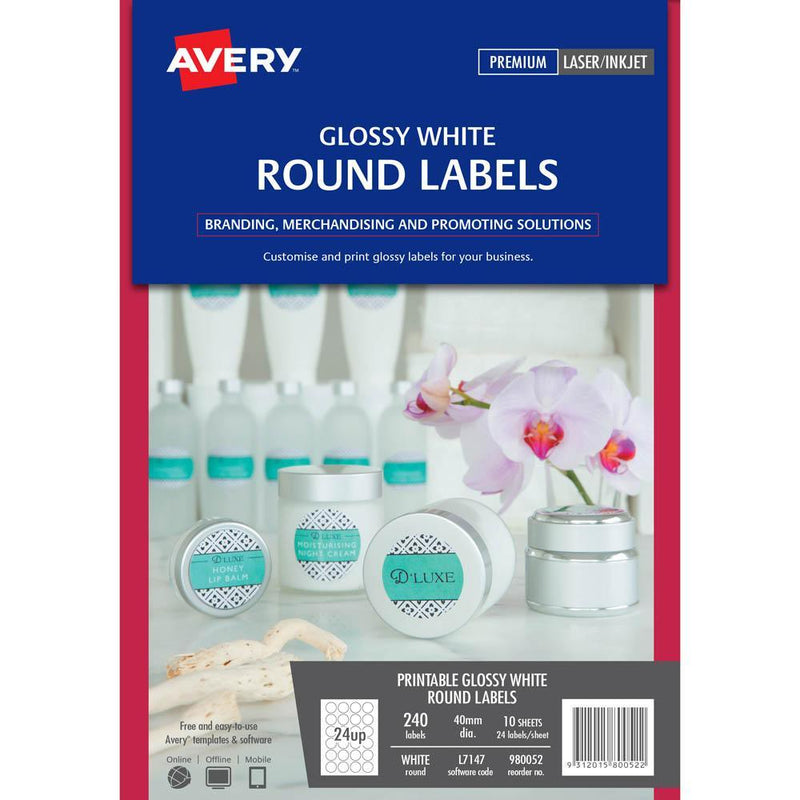 Avery 980052 L7147 Printable Round Labels 40mm Glossy White Pack 240 980052 - SuperOffice