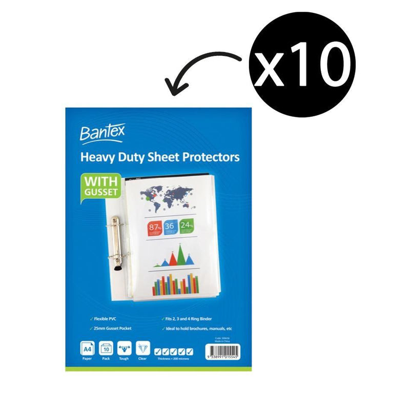 Bantex Heavy Duty Sheet Protectors With Gusset 200 Micron A4 Clear Pack 10 100851681 - SuperOffice