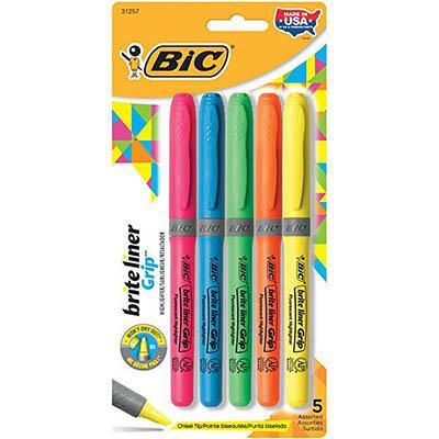 Bic Briteliner Grip Highlighter Pen Style Chisel Assorted Pack 5 952253 - SuperOffice