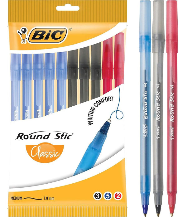 Bic Round Stic Ballpoint Pens Medium Assorted Black/Blue/Red Pack 10 955553 - SuperOffice