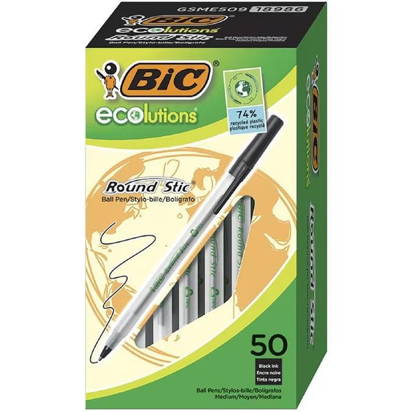 BIC Round Stic ECOlutions Ballpoint Pens 50 Pack Black 7189864 - SuperOffice