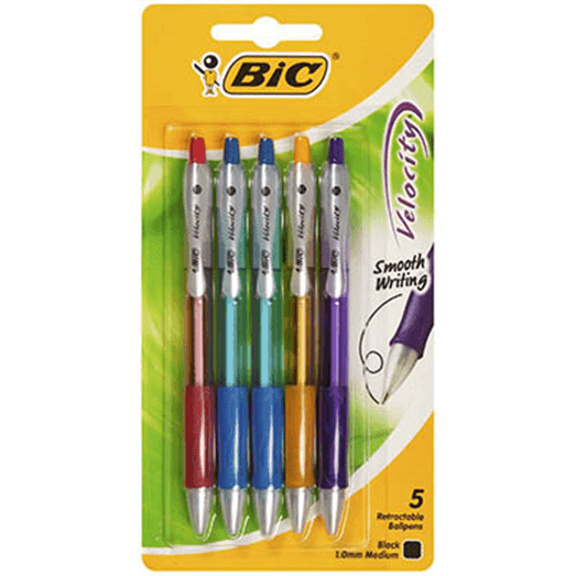 Bic Velocity Retractable Ballpoint Pen Medium Assorted Black Ink Pack 5 967682 - SuperOffice