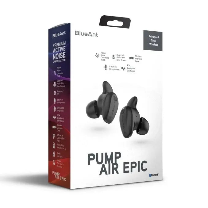BlueAnt Pump Air EPIC True Wireless Earbuds Earphones Active Noise Cancelling Black PUMP-AIR-EPIC-BK - SuperOffice