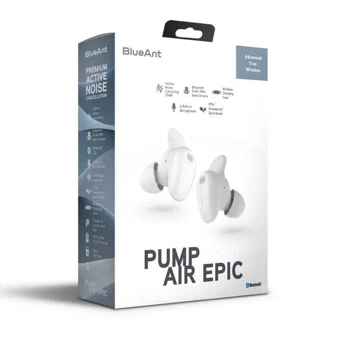 BlueAnt Pump Air EPIC True Wireless Earbuds Earphones Active Noise Cancelling White PUMP-AIR-EPIC-WH - SuperOffice