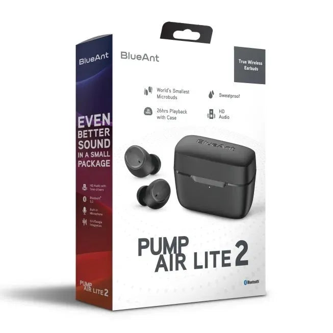 BlueAnt Pump Air Lite 2 True Wireless Earbuds Earphones Black Headphones PUMP-AIR-LITE2-BK - SuperOffice