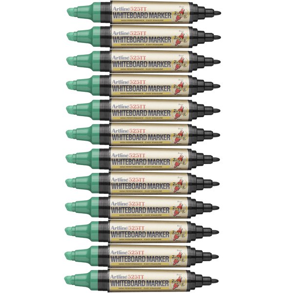 Box 12 Artline 525Tt Whiteboard Marker Dual Nib Dual Colour Black/Green 152514 (Box 12) - SuperOffice