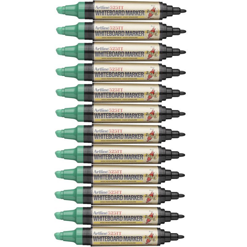 Box 12 Artline 525Tt Whiteboard Marker Dual Nib Dual Colour Black/Green 152514 (Box 12) - SuperOffice
