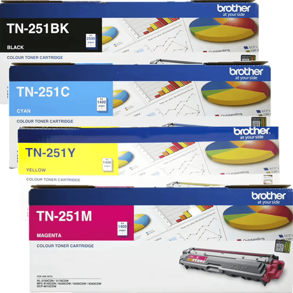 Brother TN251 Toner Ink Cartridge Black/Cyan/Magenta/Yellow Set Genuine TN-251BK + TN-251C + TN-251M + TN-251Y - SuperOffice