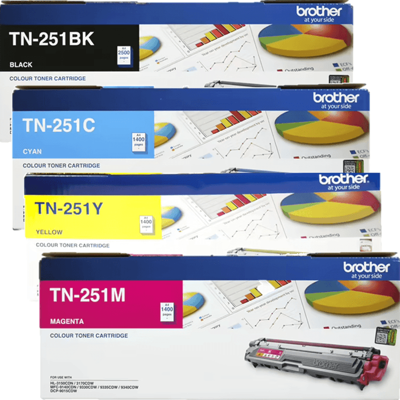 Brother TN251 Toner Ink Cartridge Black/Cyan/Magenta/Yellow Set Genuine TN-251BK + TN-251C + TN-251M + TN-251Y - SuperOffice