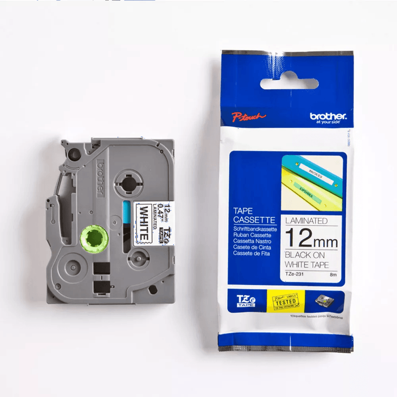 Brother TZE-231 Laminated Labelling Tape 12mm Black On White Cassette TZE231 - SuperOffice