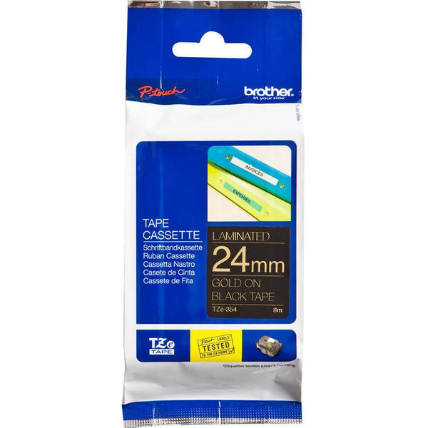 Brother Tze-354 Laminated Labelling Tape 24Mm Gold On Black TZe354 - SuperOffice