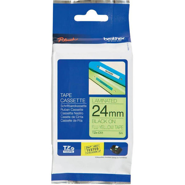 Brother Tze-C51 Laminated Labelling Tape 24Mm Black On Fluro Yellow TZeC51 - SuperOffice