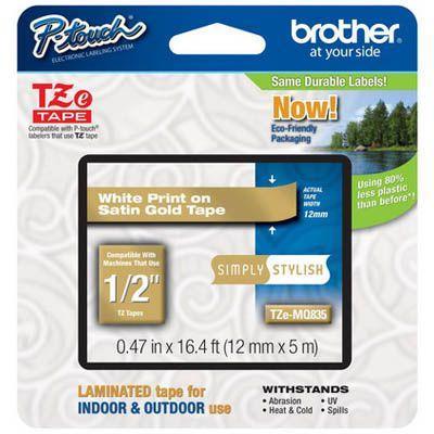 Brother Tze-Mq835 Labelling Tape 12Mm X 5M Matt White On Satin Gold TZEMQ835 - SuperOffice