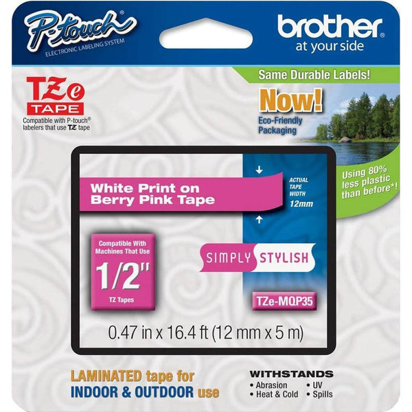 Brother Tze-Mqp35 White On Berry Pink 12Mm X 5M Matt Lamination Tape BTZMQP35 - SuperOffice