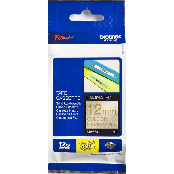 Brother Tze-Pr234 Laminated Labelling Tape 12Mm X 4M Gold On Premium Glitter White TZE-PR234 - SuperOffice