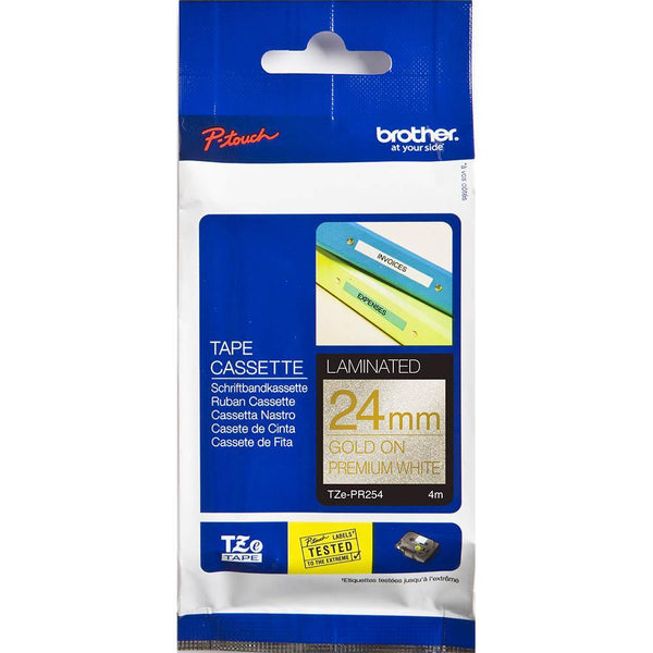 Brother Tze-Pr254 Laminated Labelling Tape 24Mm X 4M Gold On Premium Glitter White TZE-PR254 - SuperOffice