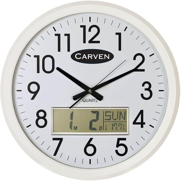 Carven Wall Clock With Lcd Calendar 470Mm White 0346051 - SuperOffice