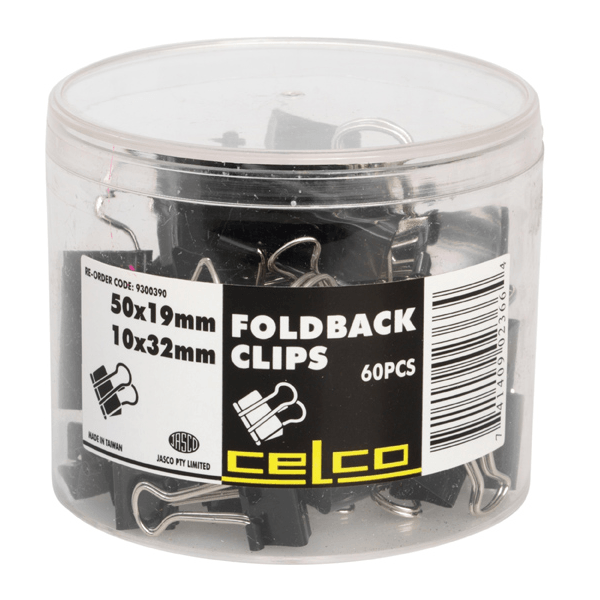 Celco Foldback Clips Assorted Sizes Pack 60 Tub 9300390 - SuperOffice