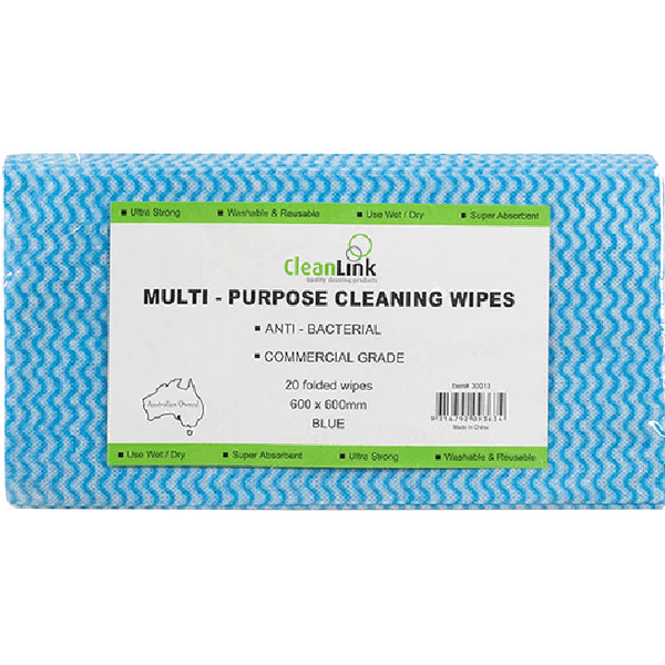 Cleanlink Multi-Purpose Cleaning Wipes 600x600mm Blue Pack 20 Sheets Commercial Grade 30013CM - SuperOffice
