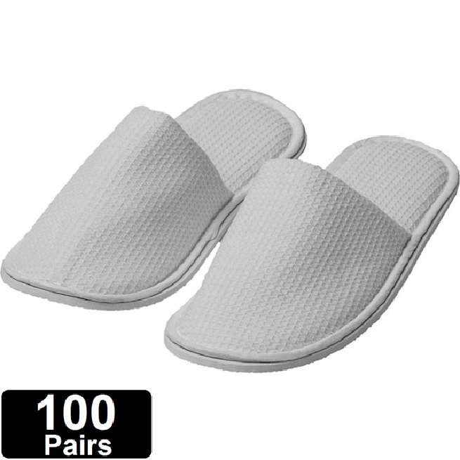 Closed Toe Waffle Slip On Slippers White Hotel/Bath/Guest/Home 100 Pairs Bulk 573629 (100 Pairs) - SuperOffice