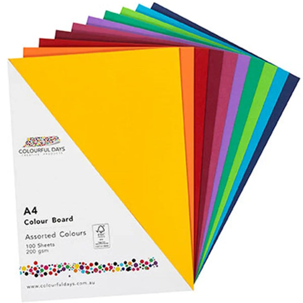 Colourful Days Colourboard Board Paper 200GSM A4 Assorted Colours Pack 100 Sheets CLBASSA4 - SuperOffice