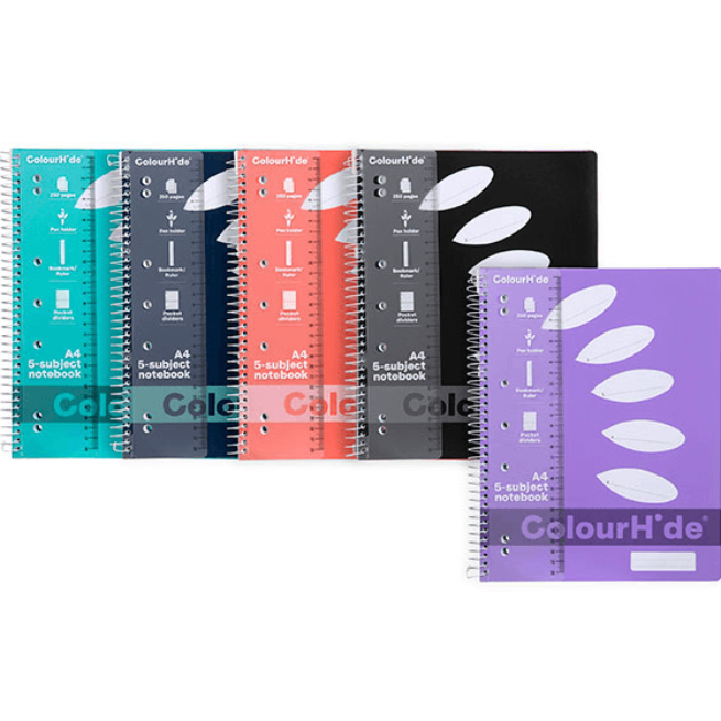 Colourhide 5-Subject Section Notebook 250 Page A4 Assorted Colours 5 Pack 1715899J (5 Pack) - SuperOffice