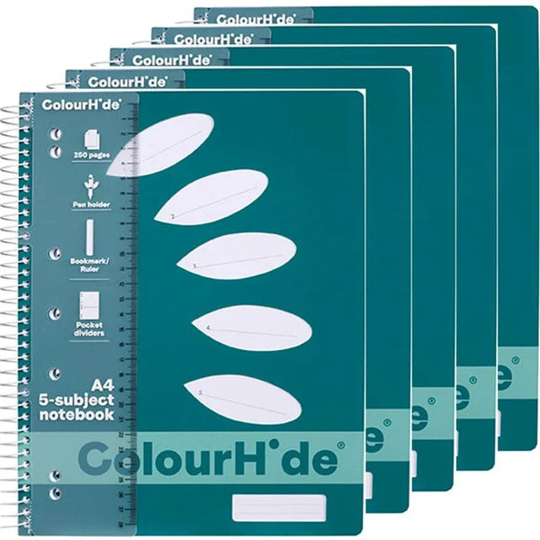 Colourhide 5-Subject Section Notebook 250 Page A4 Teal Green Book 1719607M (5 Pack) - SuperOffice