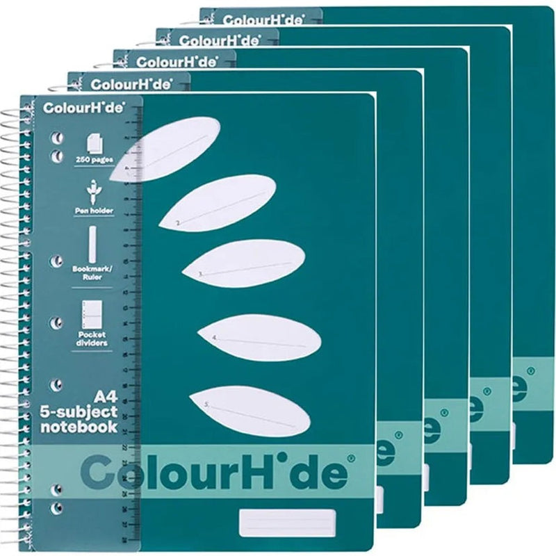 Colourhide 5-Subject Section Notebook 250 Page A4 Teal Green Book 1719607M (5 Pack) - SuperOffice