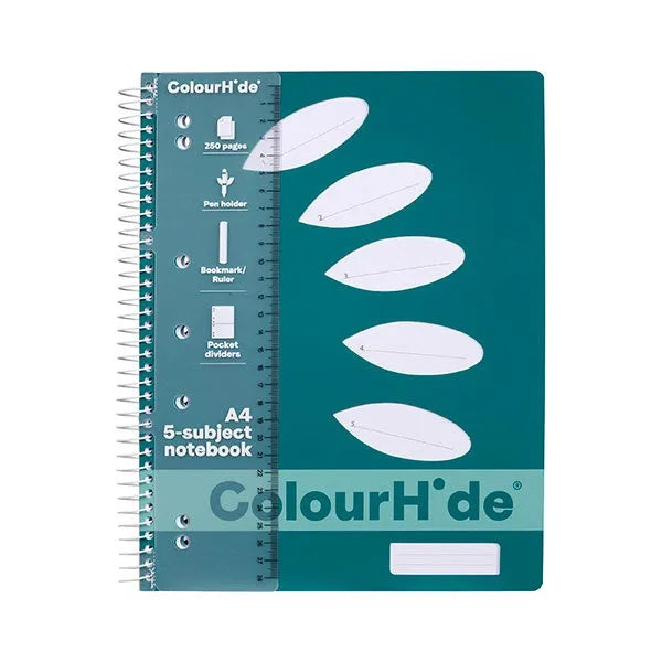 Colourhide 5-Subject Section Notebook 250 Page A4 Teal Green Book 1719607M (5 Pack) - SuperOffice