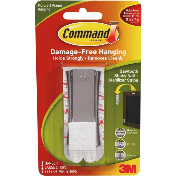 Command Adhesive Sawtooth Sticky Nail Picture Hangers Metal Pack 1 Hanger, 2 Strips And 2 Stabilizer Strips XA006714902 - SuperOffice