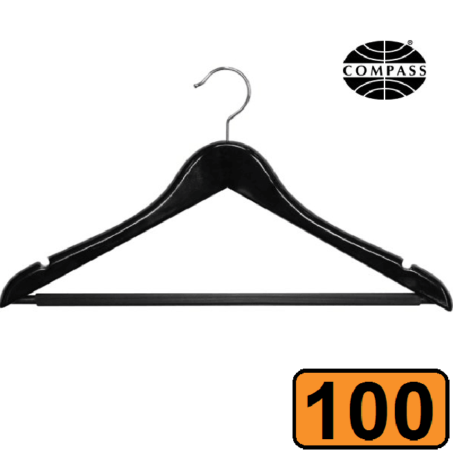 Compass Black Wood Standard Hook Clothes Coat Hanger Pack 100 Bulk 59122BLK (100 Pack) - SuperOffice