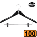 Compass Black Wood Standard Hook Clothes Coat Hanger With Clips Pack 100 Bulk 59126BLK (100 Pack) - SuperOffice