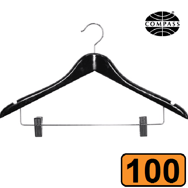 Compass Black Wood Standard Hook Clothes Coat Hanger With Clips Pack 100 Bulk 59126BLK (100 Pack) - SuperOffice