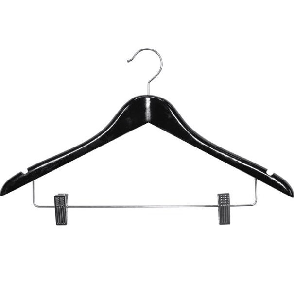 Compass Black Wood Standard Hook Clothes Coat Hanger With Clips Pack 100 Bulk 59126BLK (100 Pack) - SuperOffice