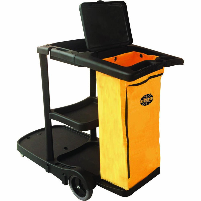 Compass Janitors Cart 3 Shelf With Lid 550 X 1300 X 910Mm Black 7224801 - SuperOffice