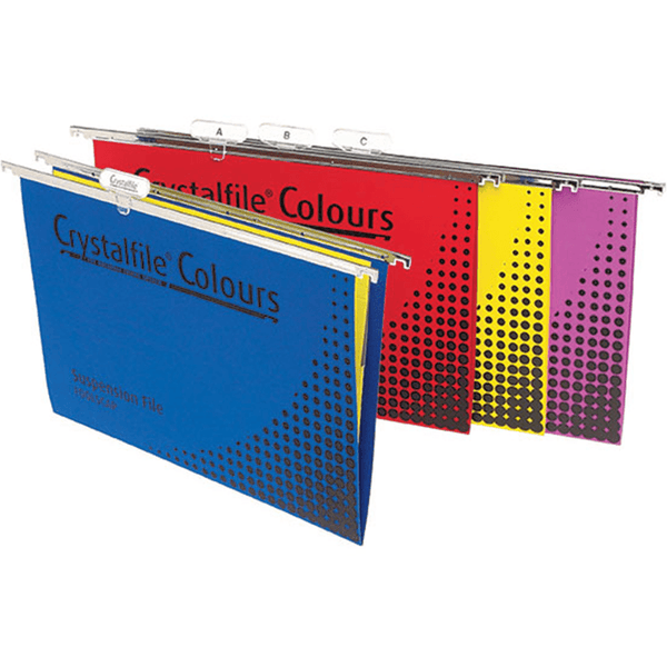 Crystalfile Suspension Files Foolscap Assorted Colours Pack 125 Bulk 112478Y (5 Packs of 25) - SuperOffice