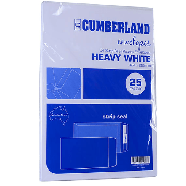 Cumberland C4 Envelopes Pocket Strip Seal 100GSM 229x324mm White Pack 25 912333 - SuperOffice