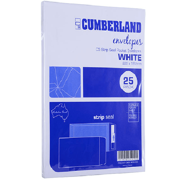 Cumberland C5 Envelopes Pocket Strip Seal 85GSM 162x229mm White Pack 25 906333 - SuperOffice