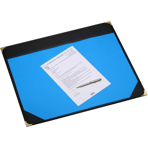 Cumberland Desk Mat Manager Blotting Sheet Stitched/Gold Corners 487 X 610Mm Clear Rigid Pvc Cover Black OM1012 - SuperOffice