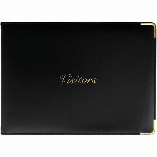 Cumberland Visitors Book Pu Padded Stitched 195 X 260Mm Black With Gold Corners And Gold Print 710919 - SuperOffice